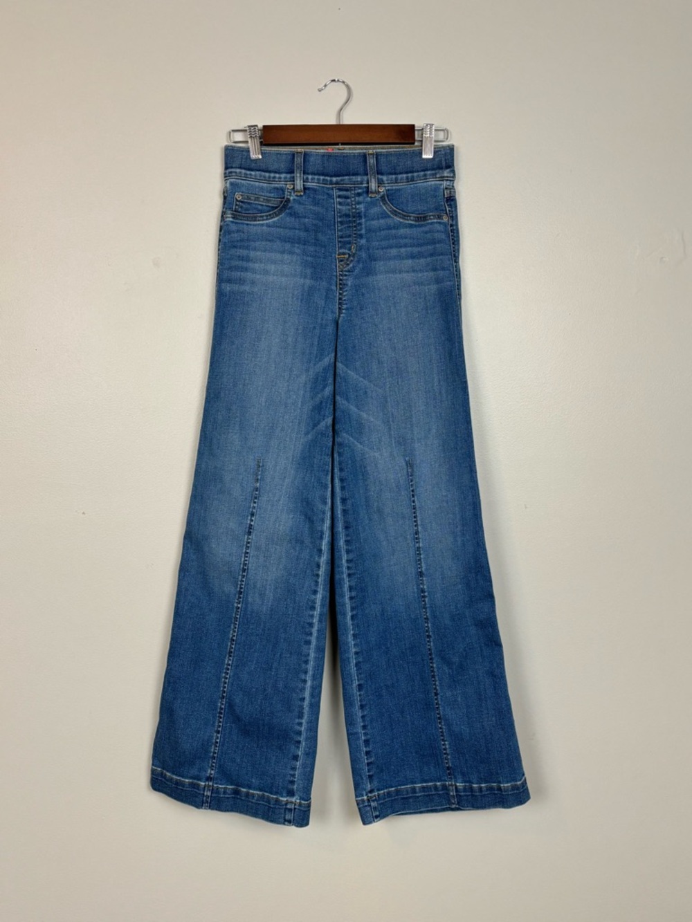 Spanx Jeans Womens Small Vintage Indigo Seamed Front Wide Leg Stretch Denim